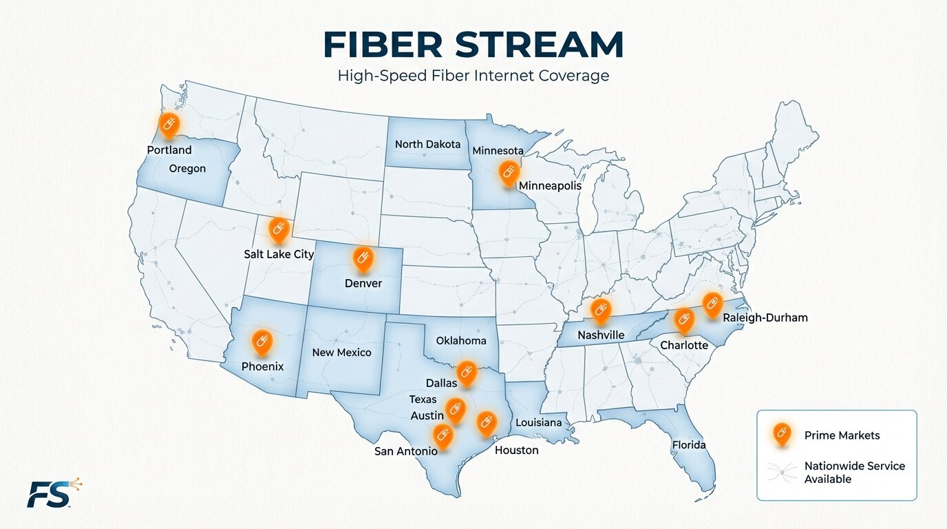 Map of Fiber Stream fiber-backed WiFi coverage across America